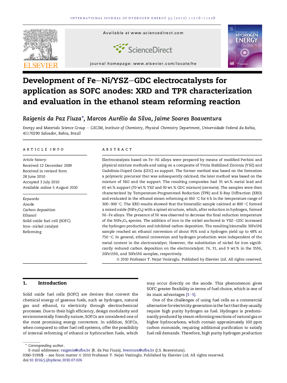 Development of Fe–Ni/YSZ–GDC electrocatalysts for application as SOFC anodes: XRD and TPR characterization and evaluation in the ethanol steam reforming reaction