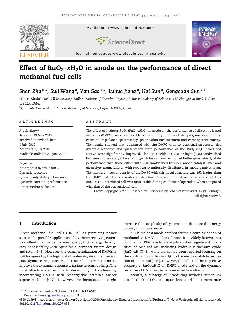 Effect of RuO2·xH2O in anode on the performance of direct methanol fuel cells