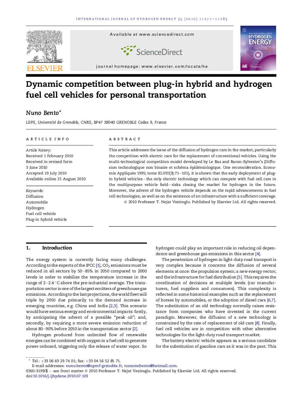 Dynamic competition between plug-in hybrid and hydrogen fuel cell vehicles for personal transportation