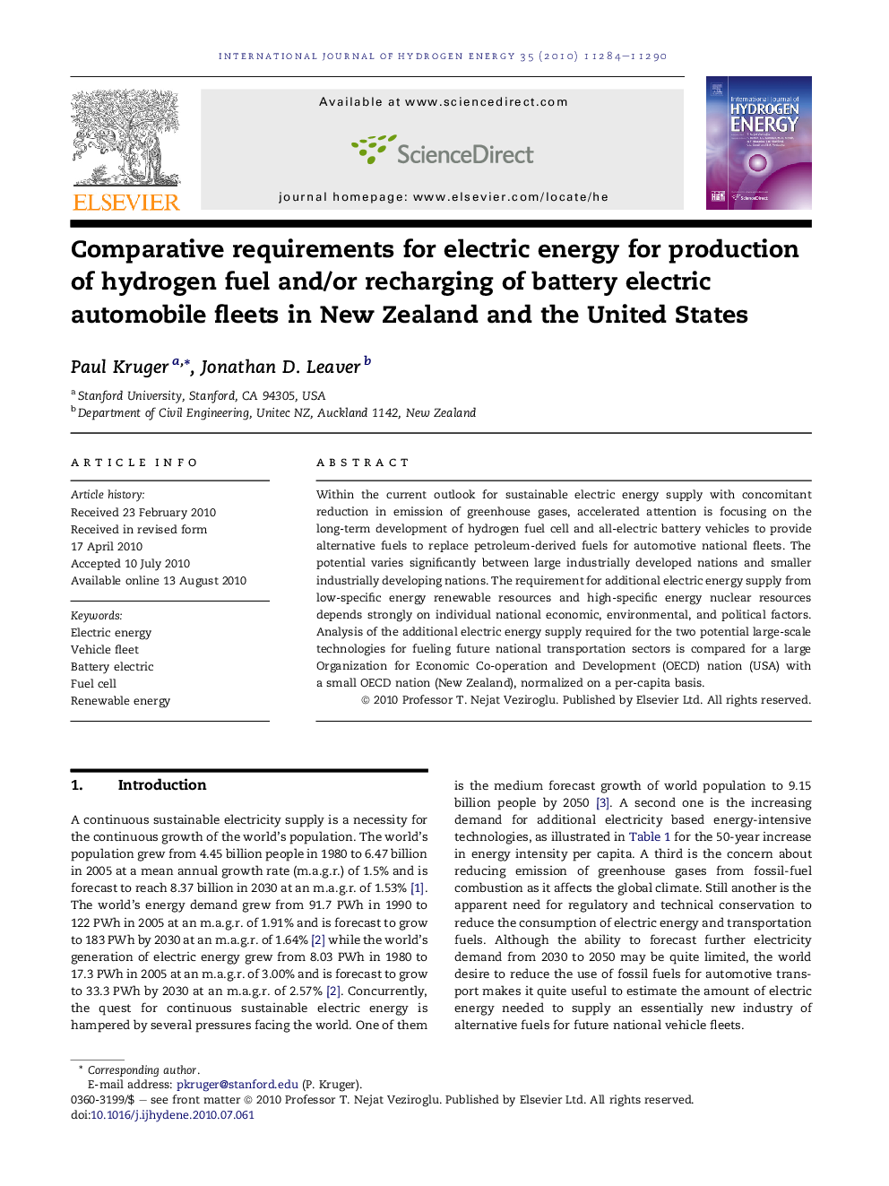 Comparative requirements for electric energy for production of hydrogen fuel and/or recharging of battery electric automobile fleets in New Zealand and the United States