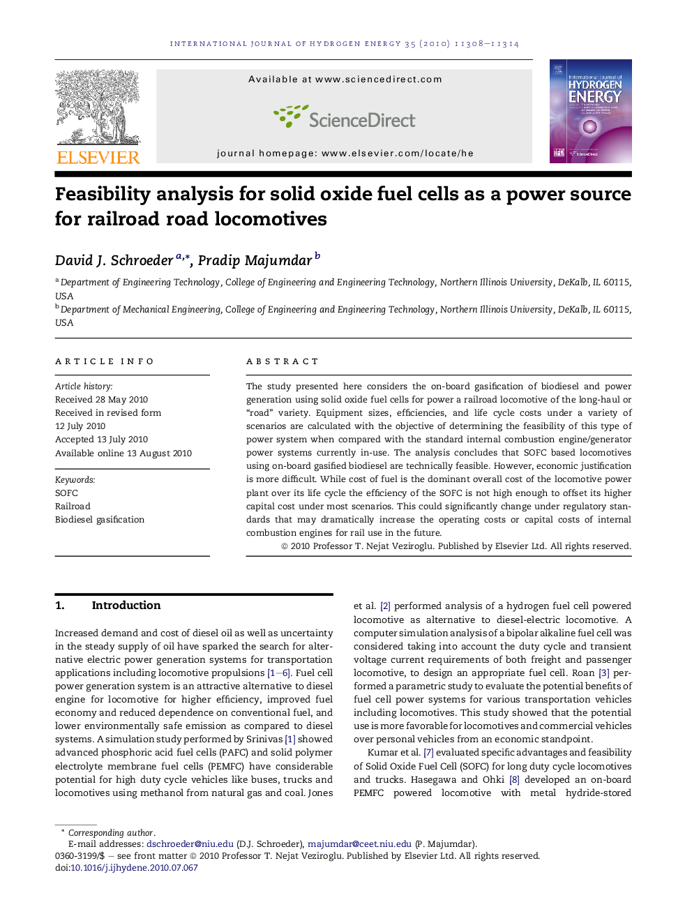 Feasibility analysis for solid oxide fuel cells as a power source for railroad road locomotives