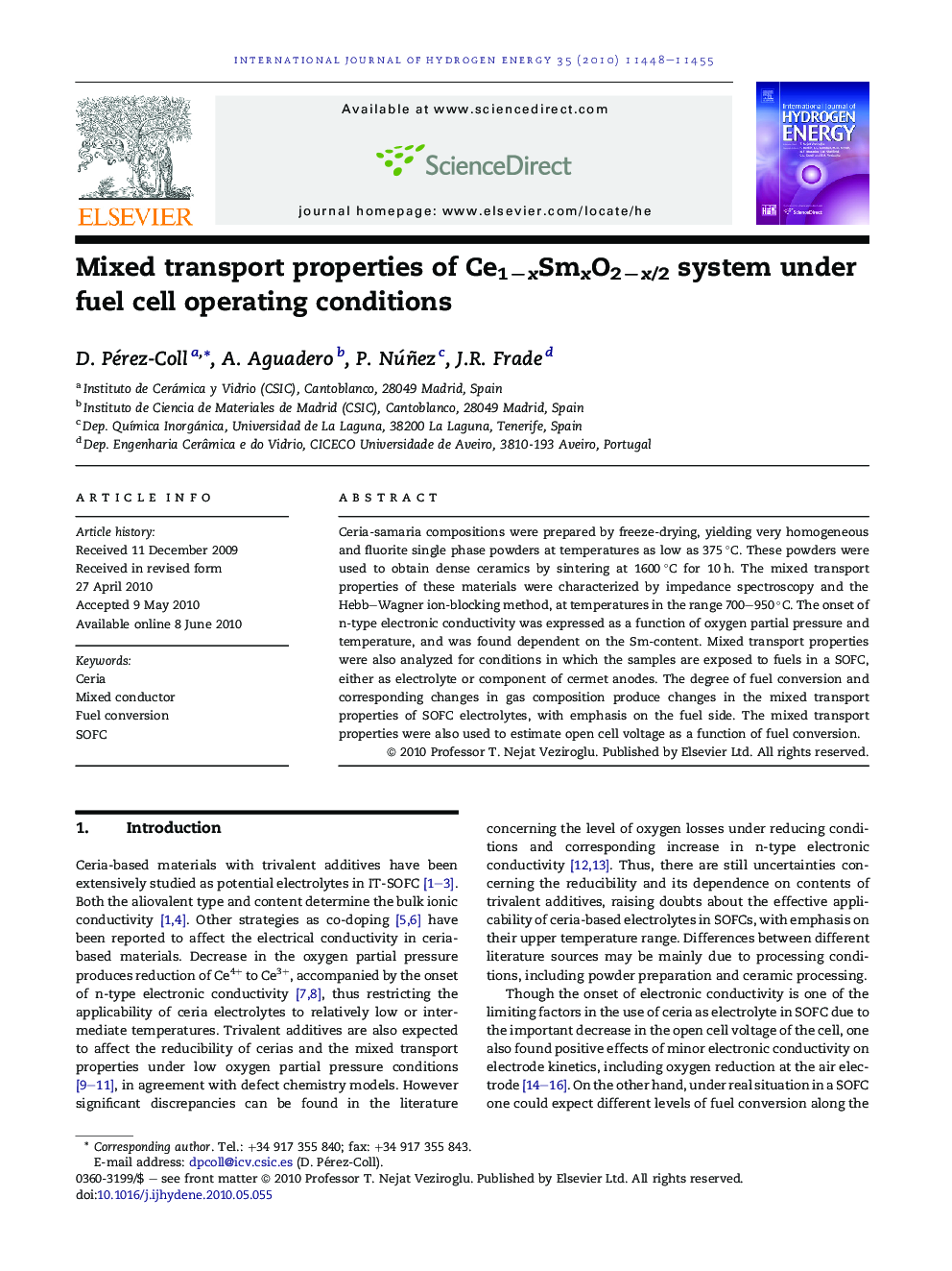 Mixed transport properties of Ce1âxSmxO2âx/2 system under fuel cell operating conditions