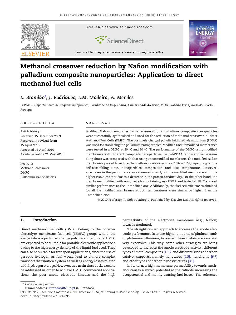 Methanol crossover reduction by Nafion modification with palladium composite nanoparticles: Application to direct methanol fuel cells