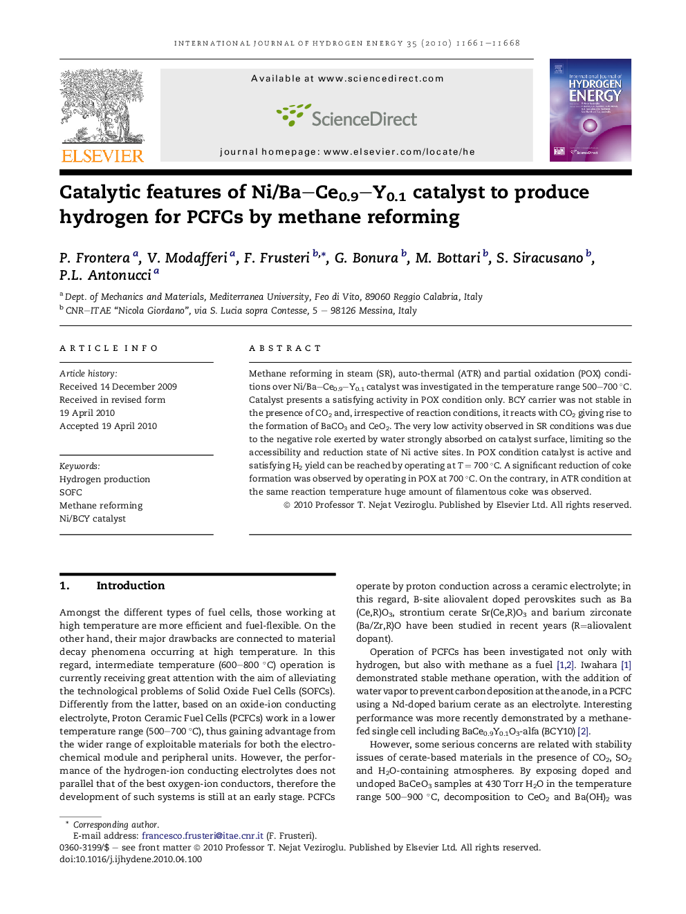 Catalytic features of Ni/Ba–Ce0.9–Y0.1 catalyst to produce hydrogen for PCFCs by methane reforming