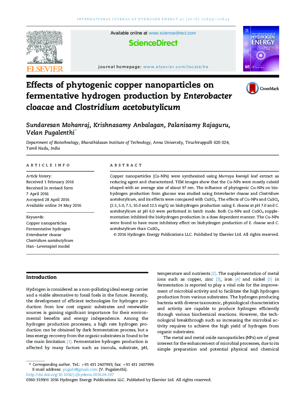 Effects of phytogenic copper nanoparticles on fermentative hydrogen production by Enterobacter cloacae and Clostridium acetobutylicum