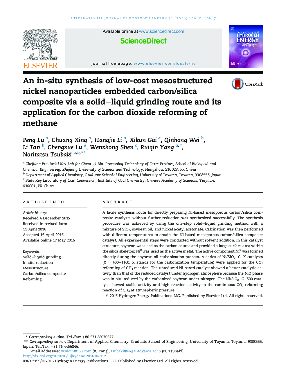 An in-situ synthesis of low-cost mesostructured nickel nanoparticles embedded carbon/silica composite via a solid–liquid grinding route and its application for the carbon dioxide reforming of methane