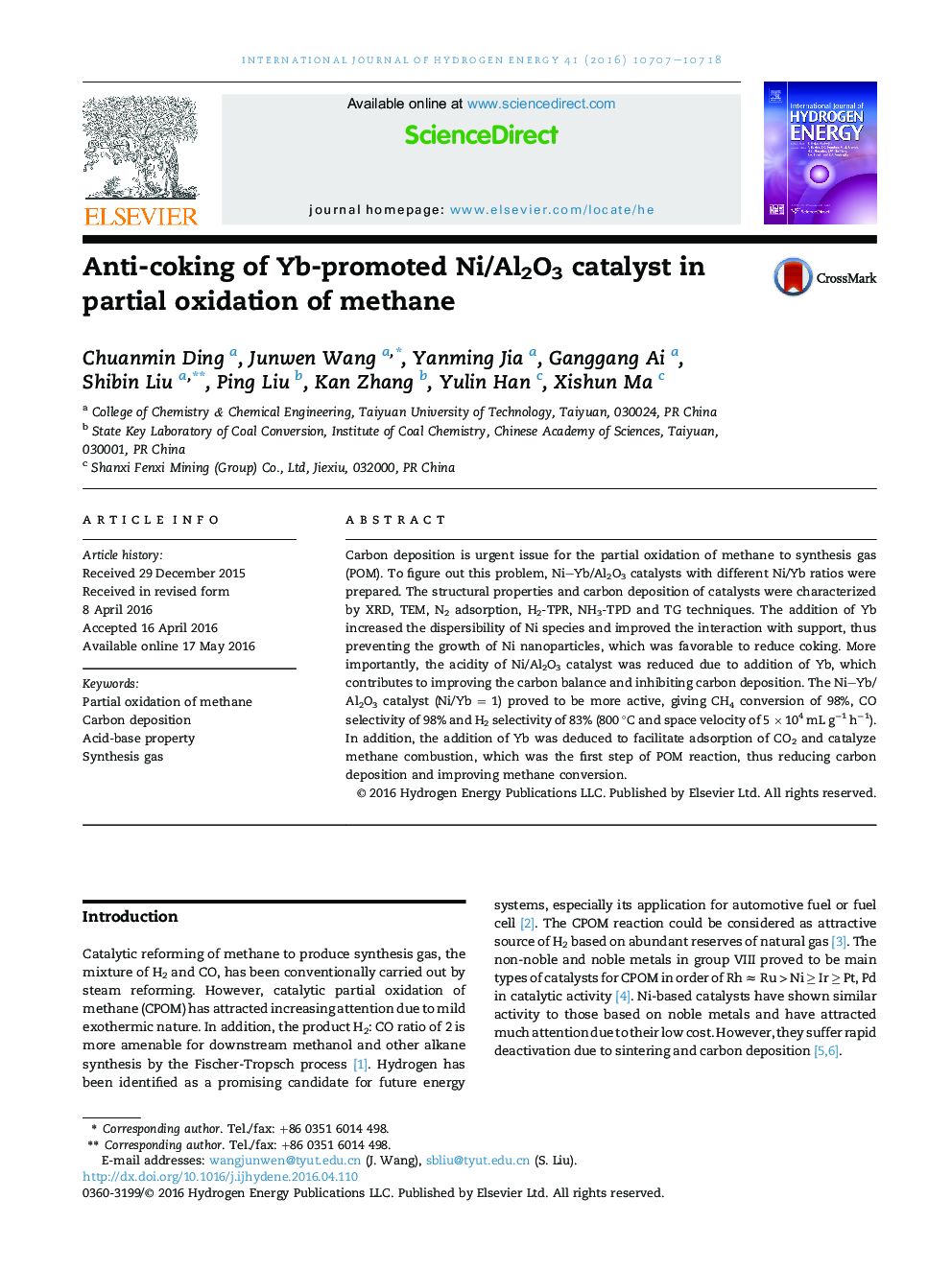 Anti-coking of Yb-promoted Ni/Al2O3 catalyst in partial oxidation of methane