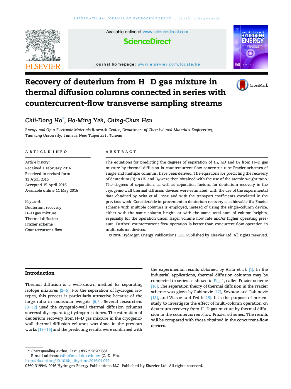 Recovery of deuterium from H–D gas mixture in thermal diffusion columns connected in series with countercurrent-flow transverse sampling streams