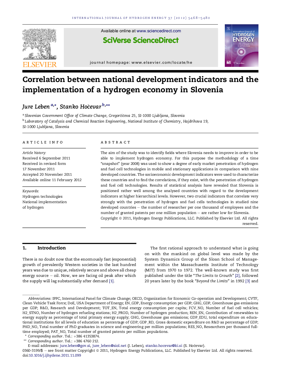 Correlation between national development indicators and the implementation of a hydrogen economy in Slovenia