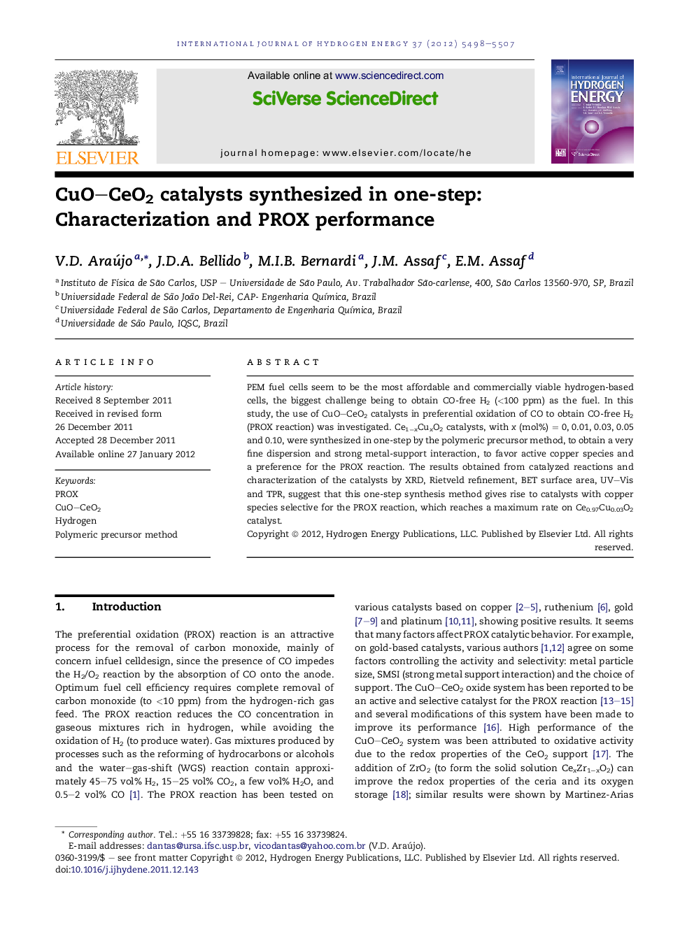 CuO–CeO2 catalysts synthesized in one-step: Characterization and PROX performance