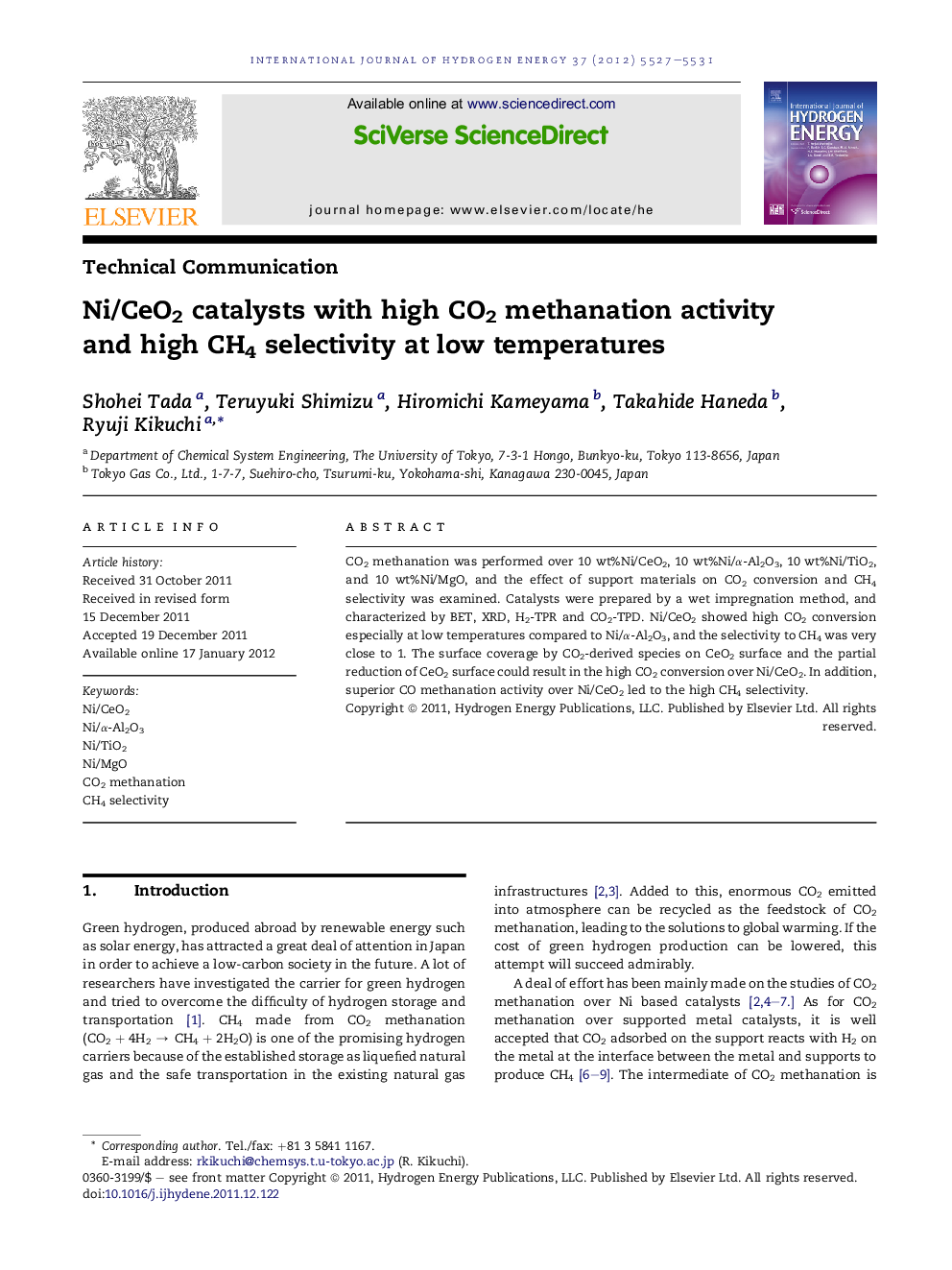 Ni/CeO2 catalysts with high CO2 methanation activity and high CH4 selectivity at low temperatures