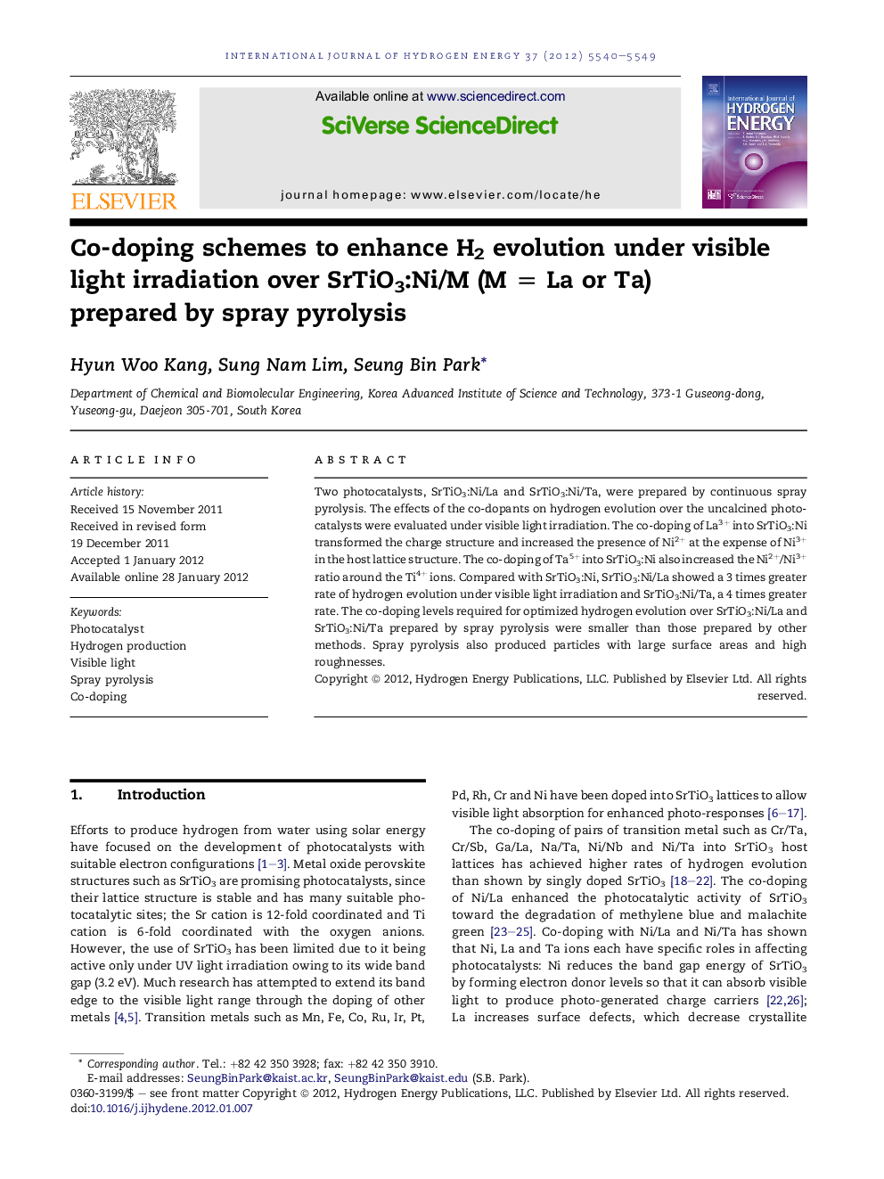 Co-doping schemes to enhance H2 evolution under visible light irradiation over SrTiO3:Ni/M (M = La or Ta) prepared by spray pyrolysis