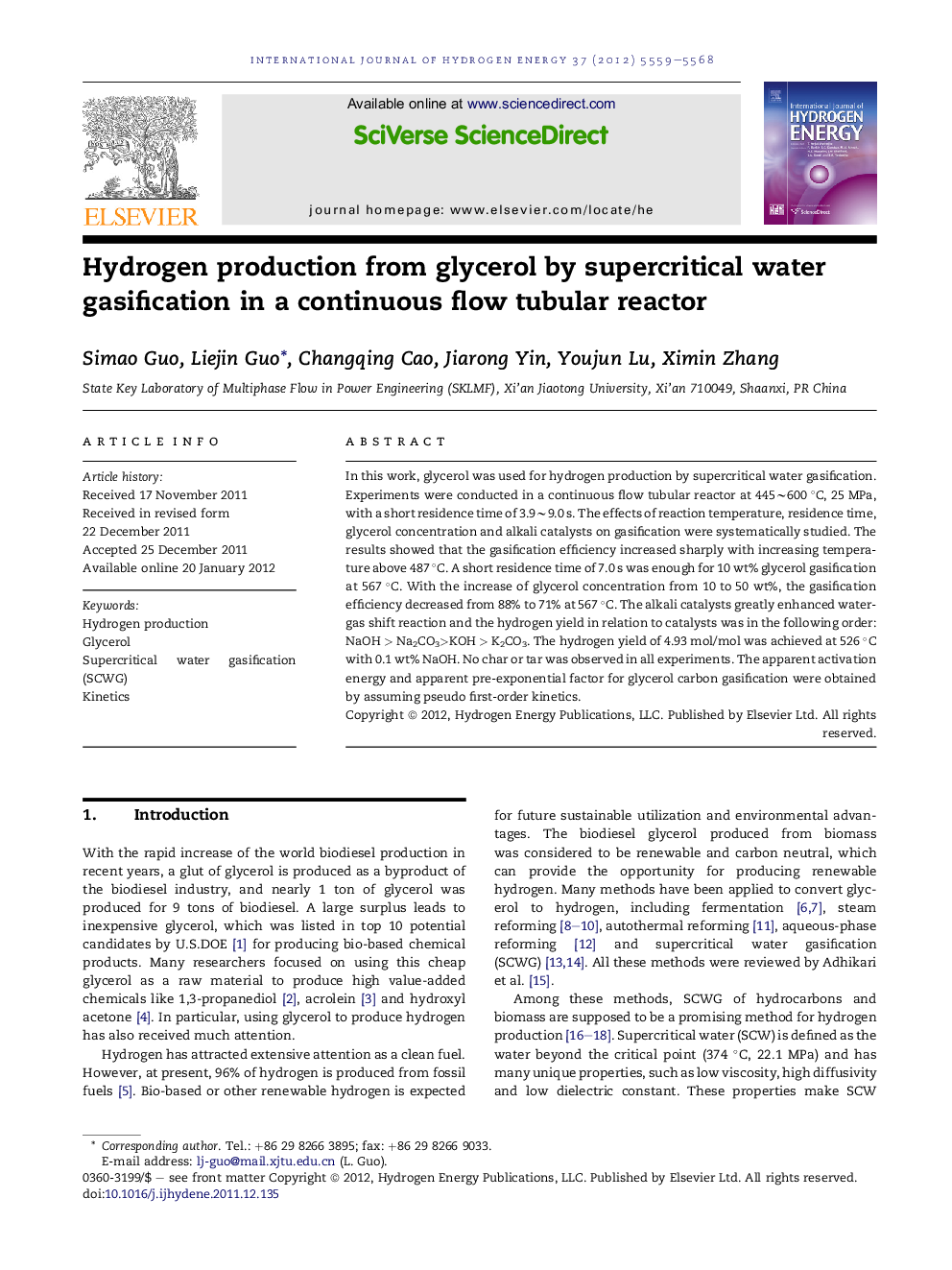 Hydrogen production from glycerol by supercritical water gasification in a continuous flow tubular reactor