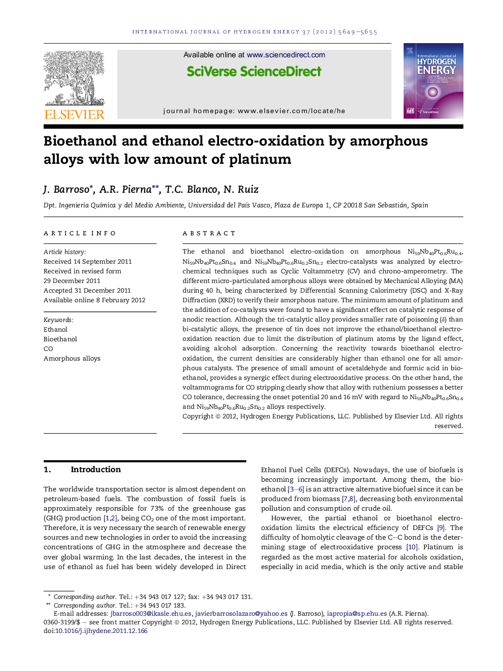 Bioethanol and ethanol electro-oxidation by amorphous alloys with low amount of platinum