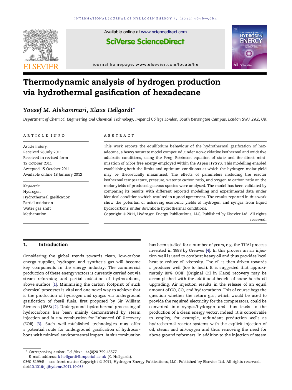 Thermodynamic analysis of hydrogen production via hydrothermal gasification of hexadecane