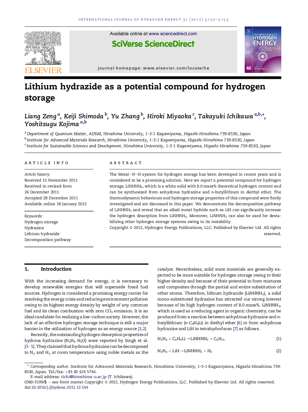 Lithium hydrazide as a potential compound for hydrogen storage