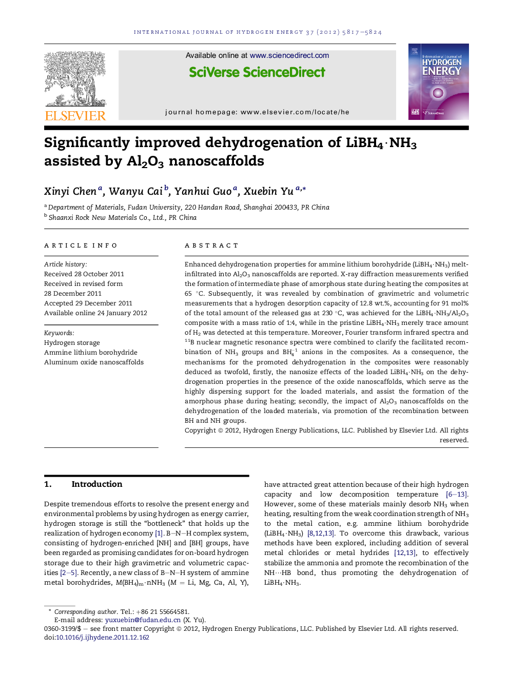 Significantly improved dehydrogenation of LiBH4·NH3 assisted by Al2O3 nanoscaffolds