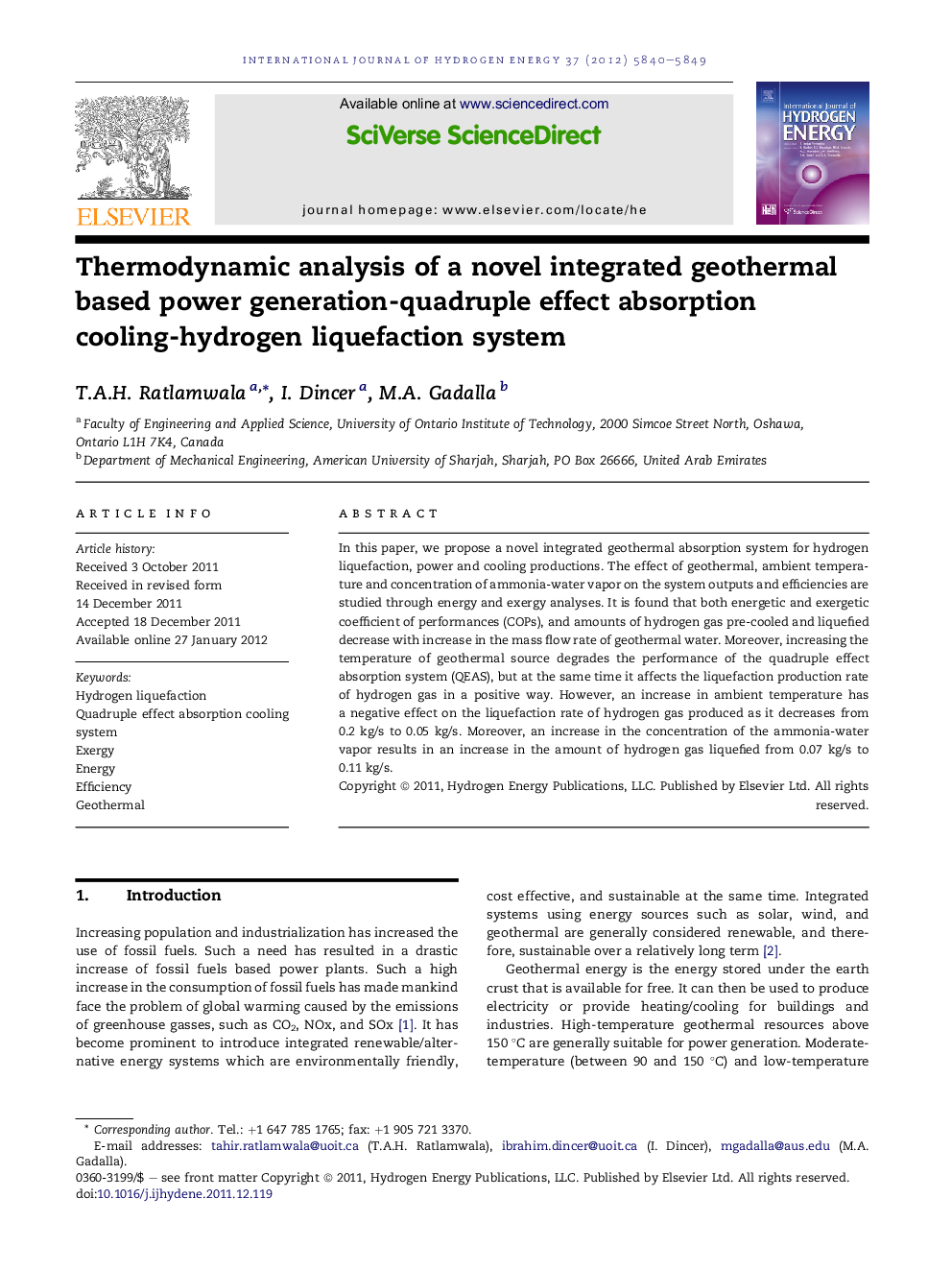 Thermodynamic analysis of a novel integrated geothermal based power generation-quadruple effect absorption cooling-hydrogen liquefaction system