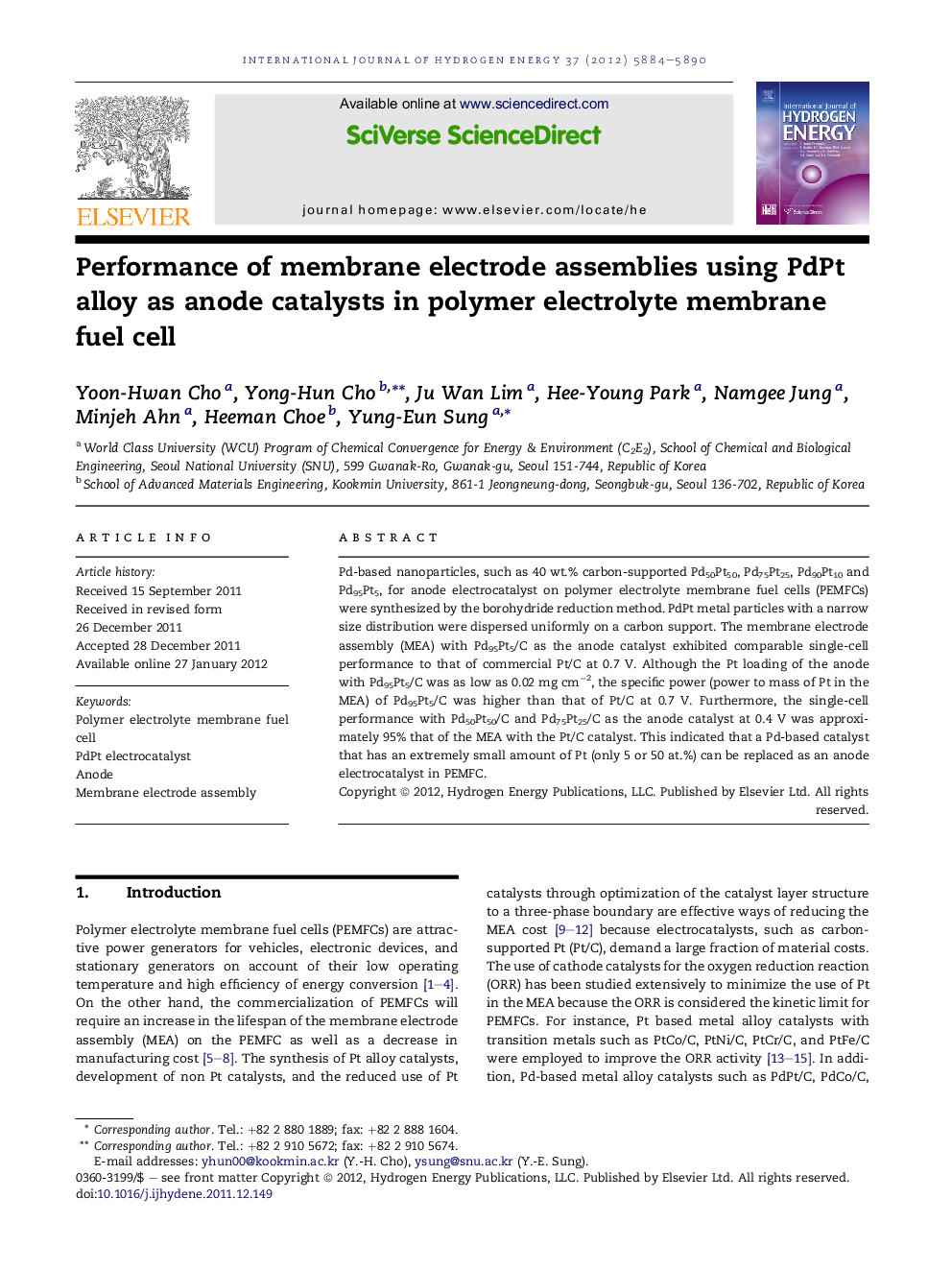 Performance of membrane electrode assemblies using PdPt alloy as anode catalysts in polymer electrolyte membrane fuel cell