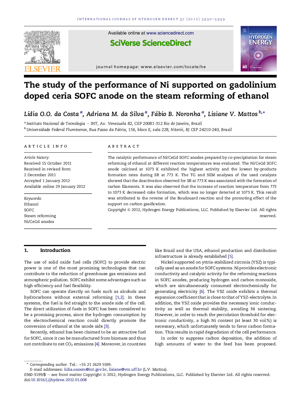 The study of the performance of Ni supported on gadolinium doped ceria SOFC anode on the steam reforming of ethanol