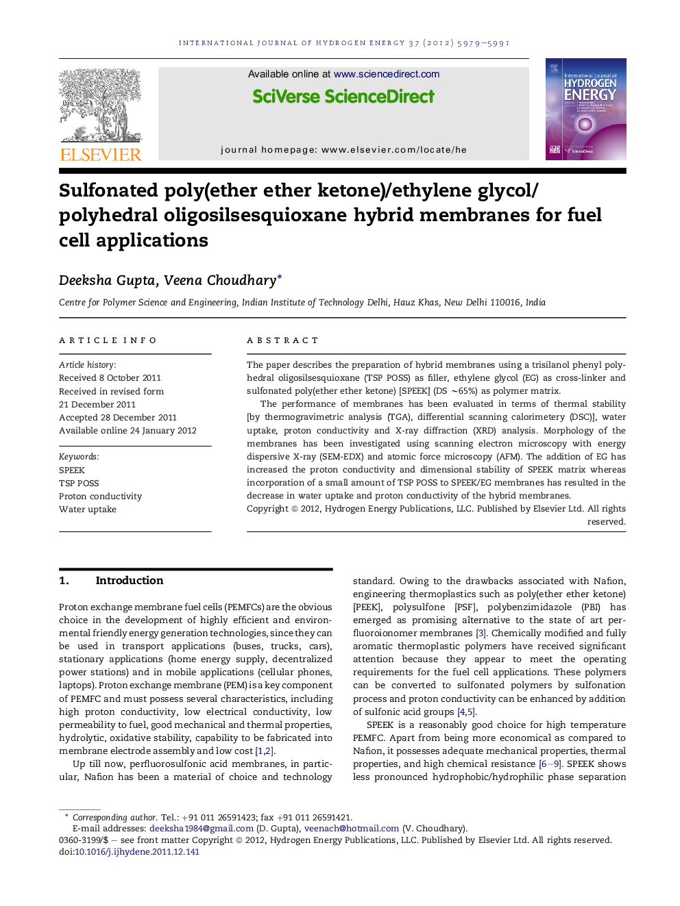 Sulfonated poly(ether ether ketone)/ethylene glycol/polyhedral oligosilsesquioxane hybrid membranes for fuel cell applications