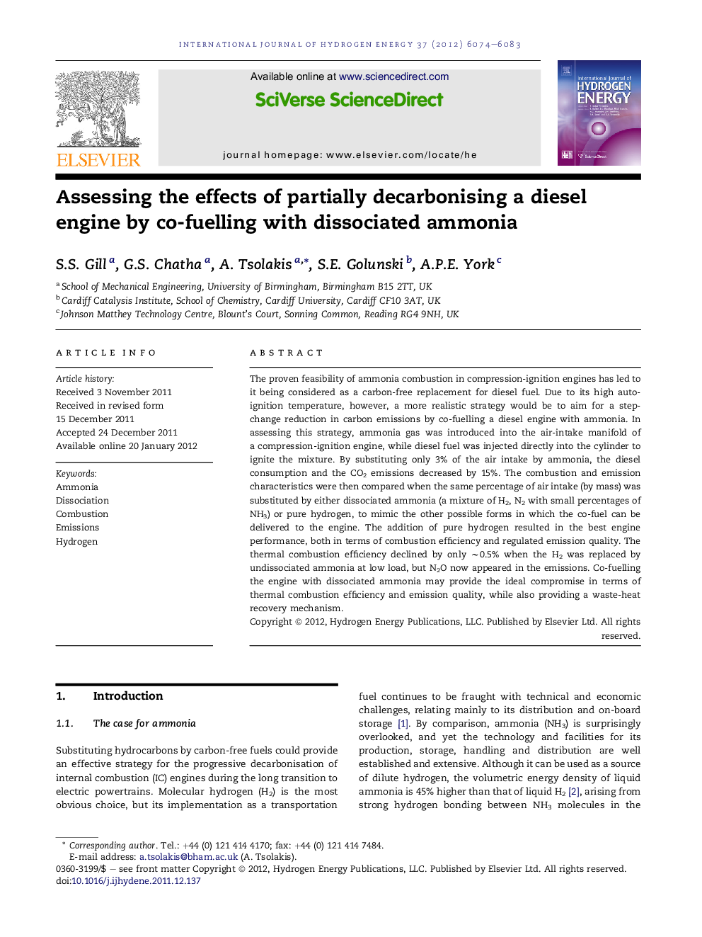 Assessing the effects of partially decarbonising a diesel engine by co-fuelling with dissociated ammonia