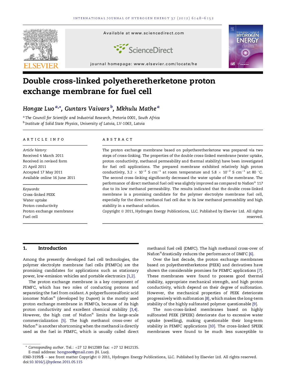 Double cross-linked polyetheretherketone proton exchange membrane for fuel cell