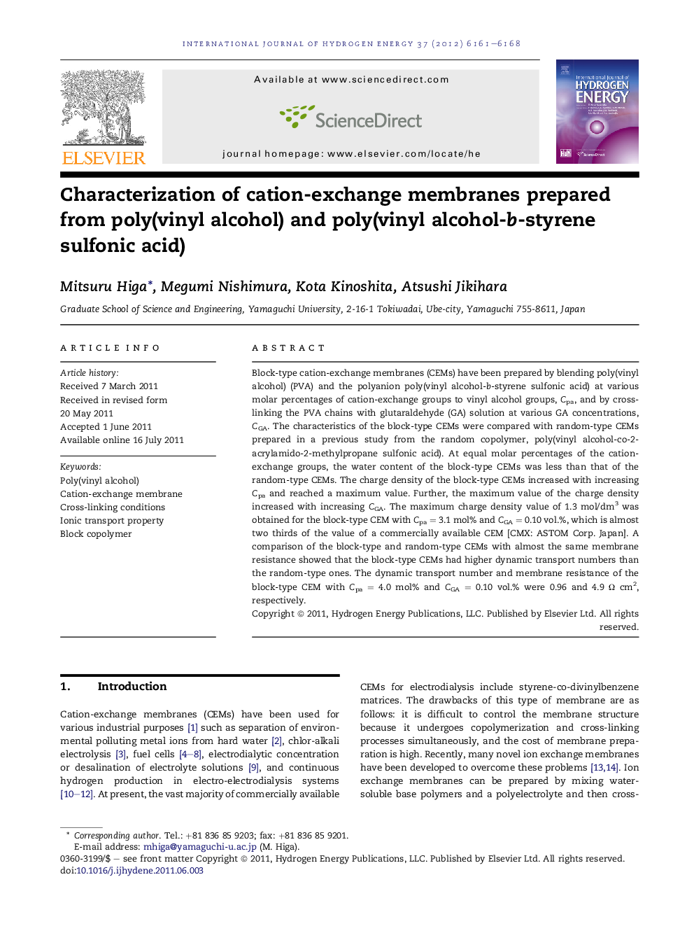 Characterization of cation-exchange membranes prepared from poly(vinyl alcohol) and poly(vinyl alcohol-b-styrene sulfonic acid)