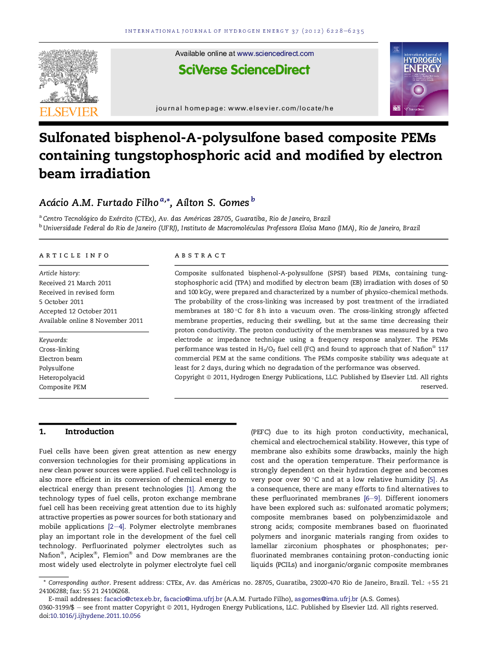 Sulfonated bisphenol-A-polysulfone based composite PEMs containing tungstophosphoric acid and modified by electron beam irradiation