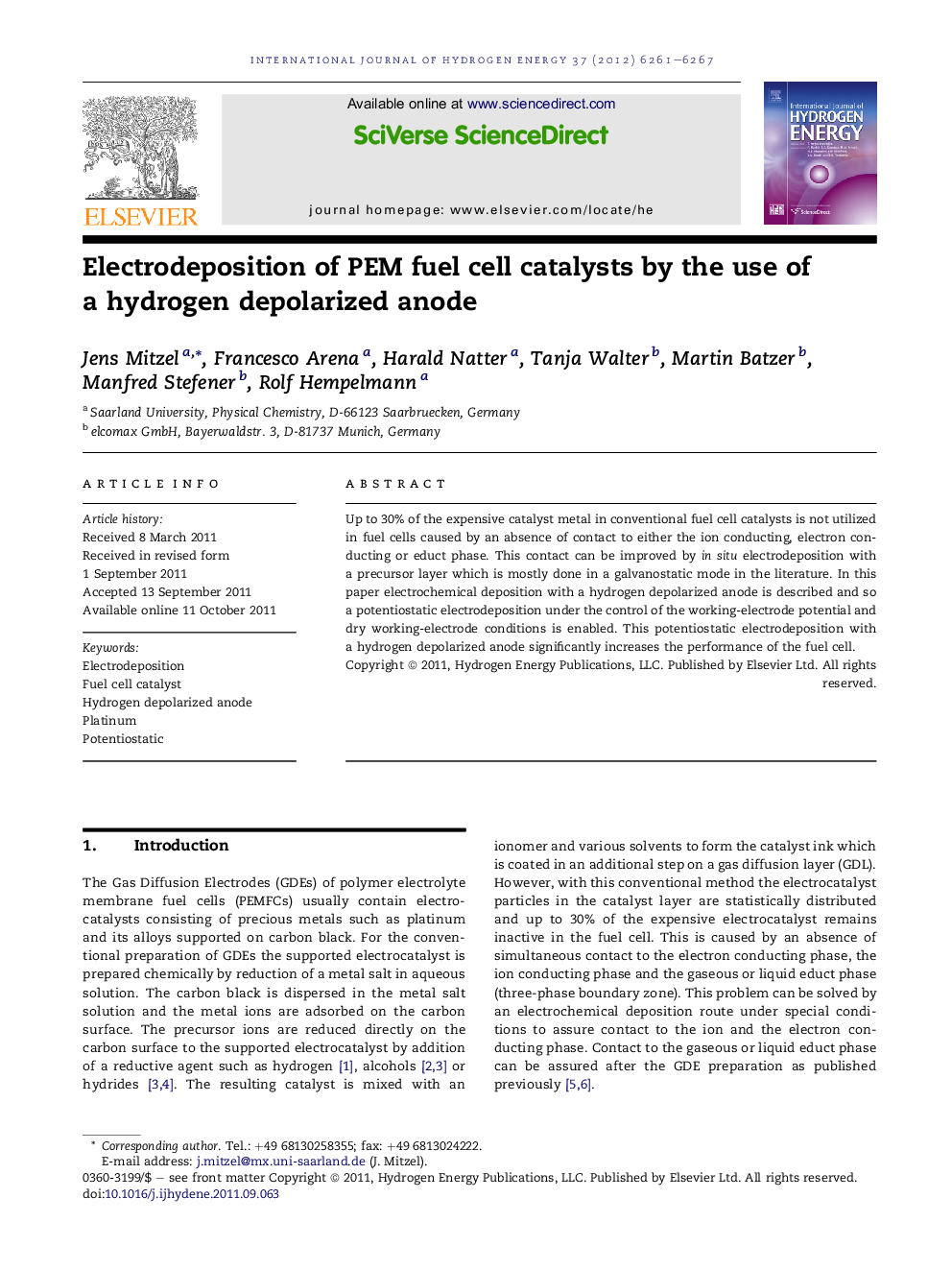 Electrodeposition of PEM fuel cell catalysts by the use of a hydrogen depolarized anode