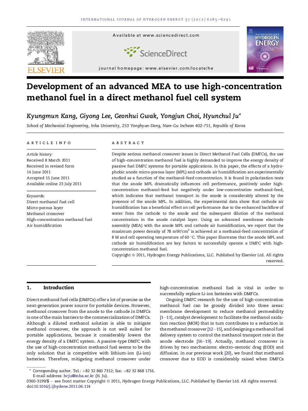 Development of an advanced MEA to use high-concentration methanol fuel in a direct methanol fuel cell system