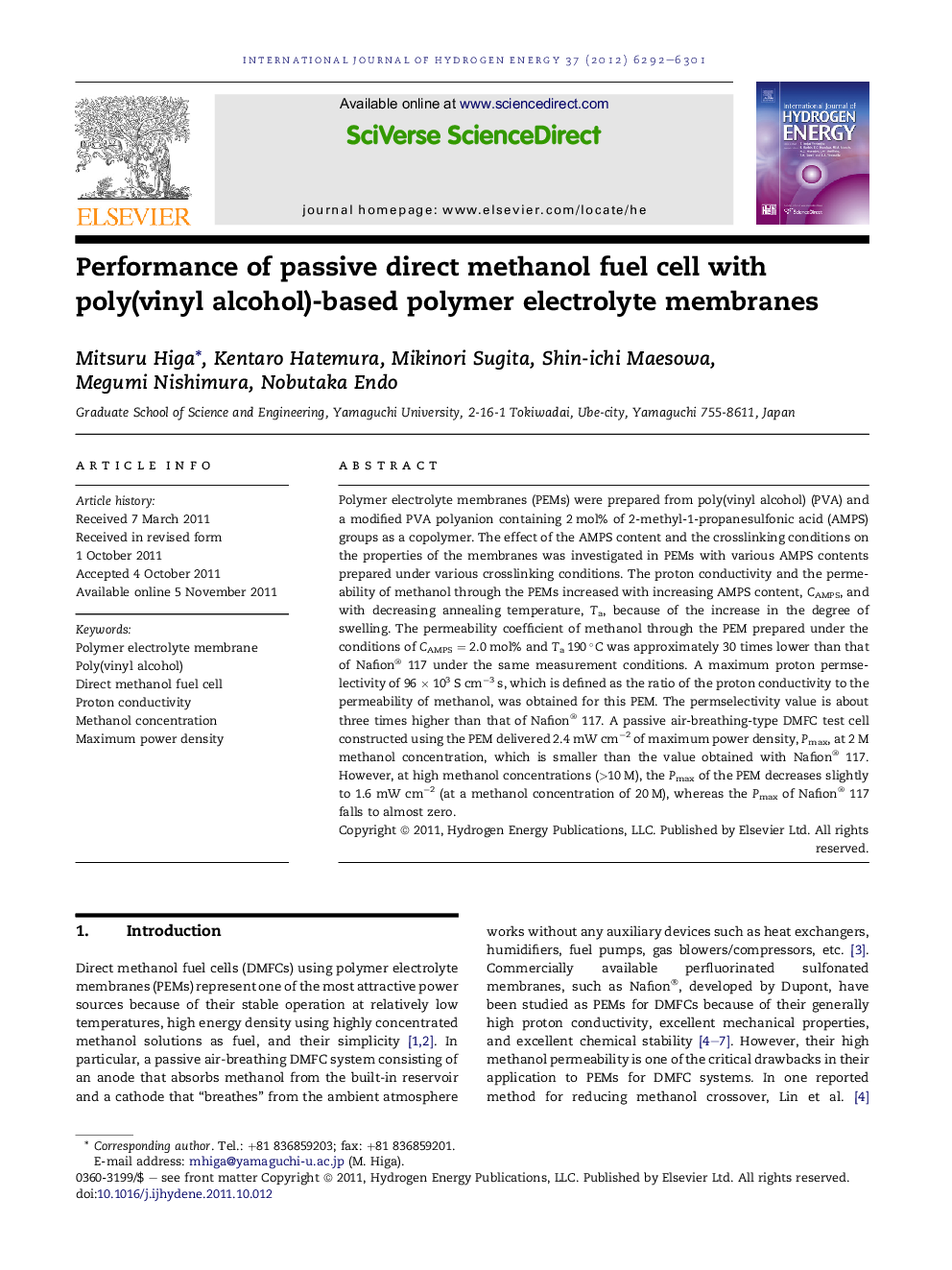 Performance of passive direct methanol fuel cell with poly(vinyl alcohol)-based polymer electrolyte membranes