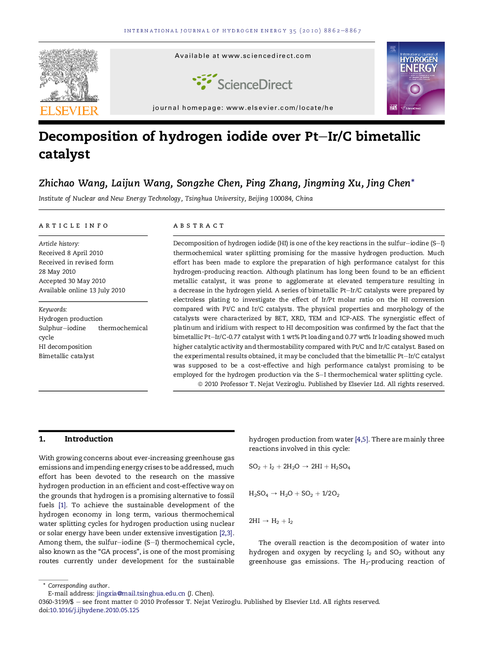 Decomposition of hydrogen iodide over Pt–Ir/C bimetallic catalyst