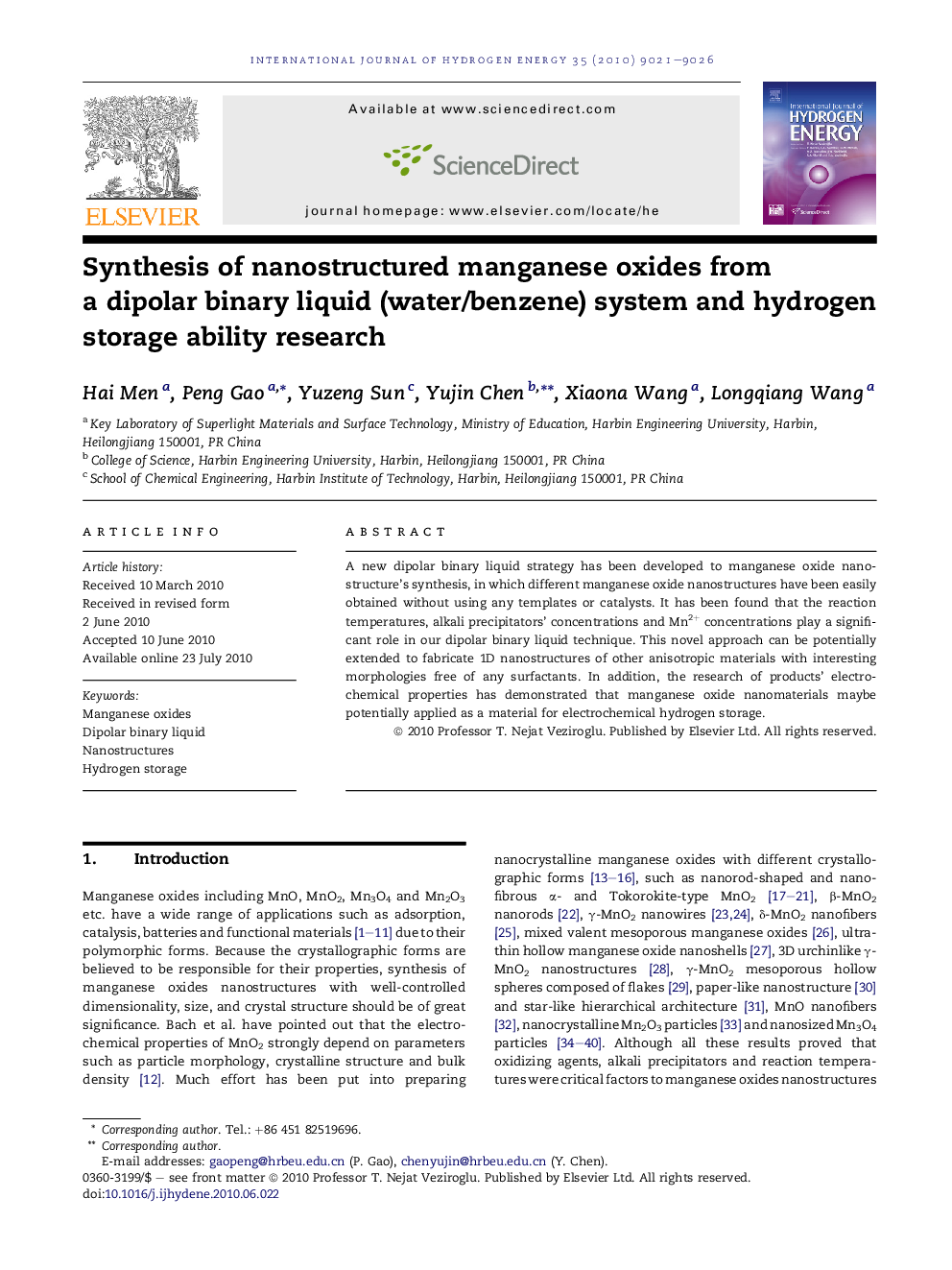 Synthesis of nanostructured manganese oxides from a dipolar binary liquid (water/benzene) system and hydrogen storage ability research