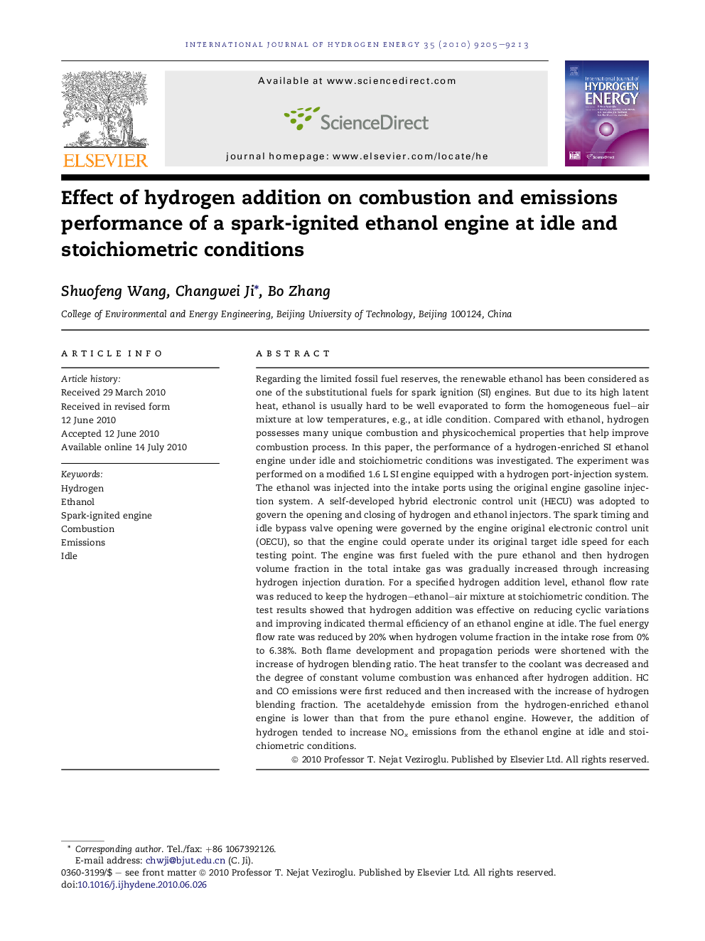 Effect of hydrogen addition on combustion and emissions performance of a spark-ignited ethanol engine at idle and stoichiometric conditions