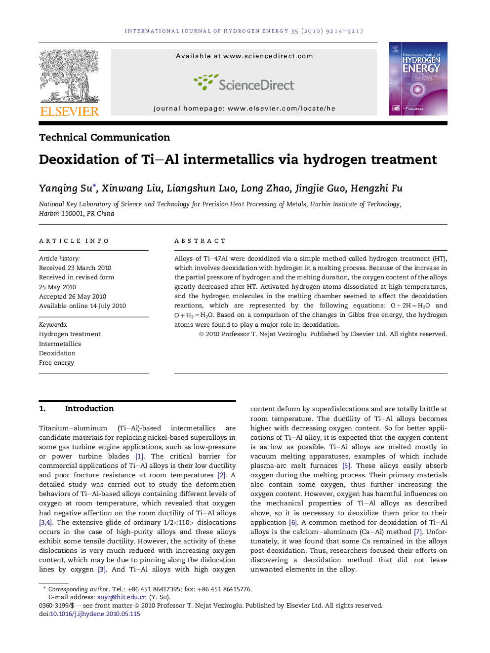 Deoxidation of Ti–Al intermetallics via hydrogen treatment