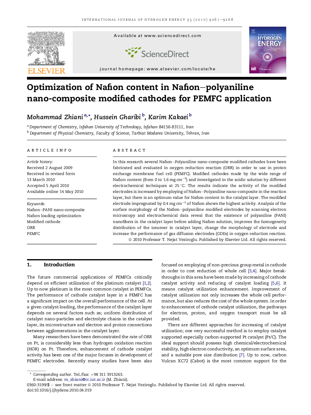 Optimization of Nafion content in Nafion–polyaniline nano-composite modified cathodes for PEMFC application