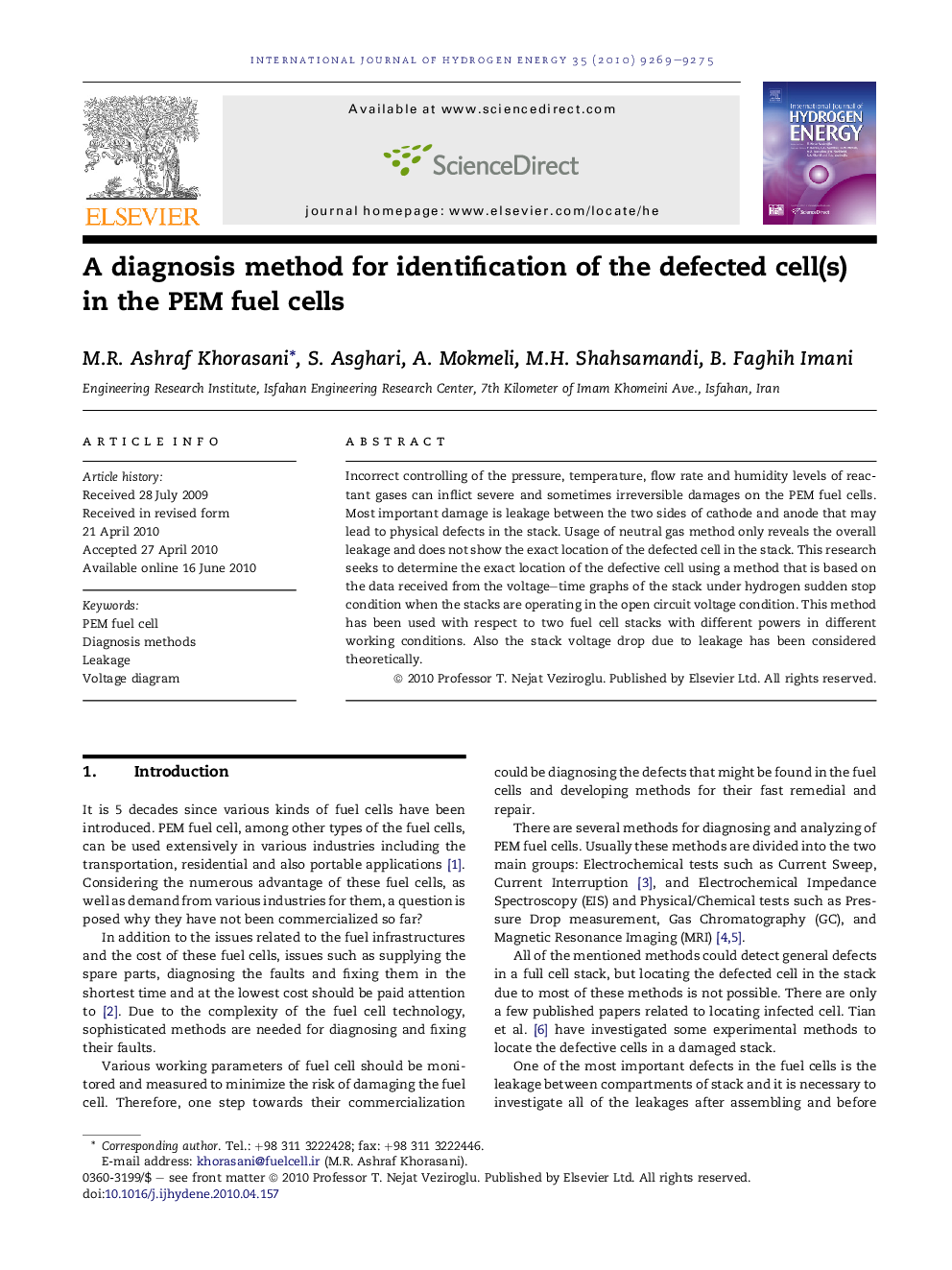 A diagnosis method for identification of the defected cell(s) in the PEM fuel cells