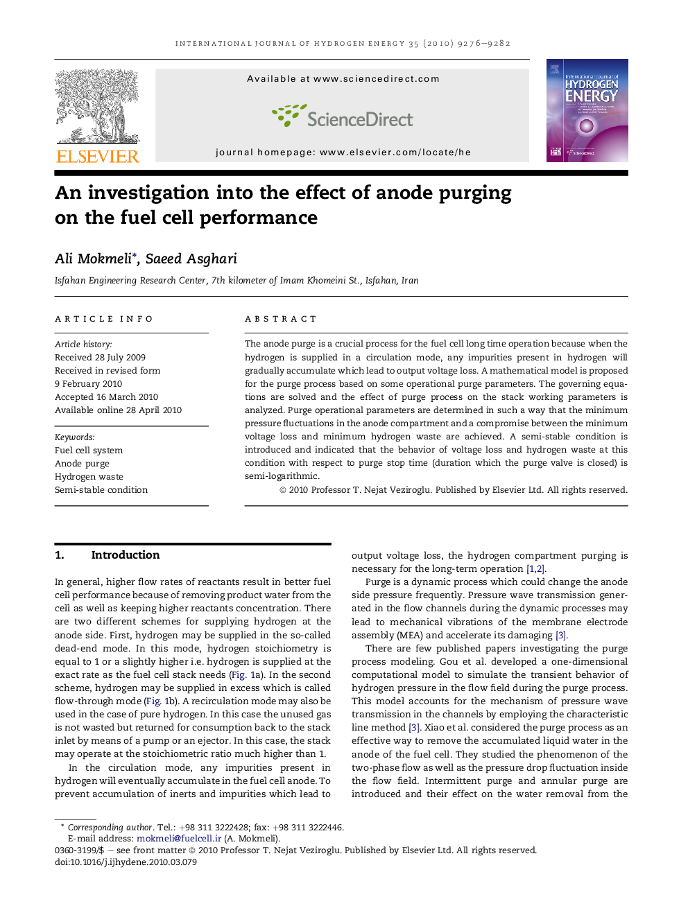 An investigation into the effect of anode purging on the fuel cell performance