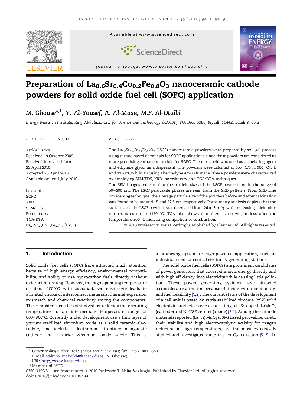 Preparation of La0.6Sr0.4Co0.2Fe0.8O3 nanoceramic cathode powders for solid oxide fuel cell (SOFC) application