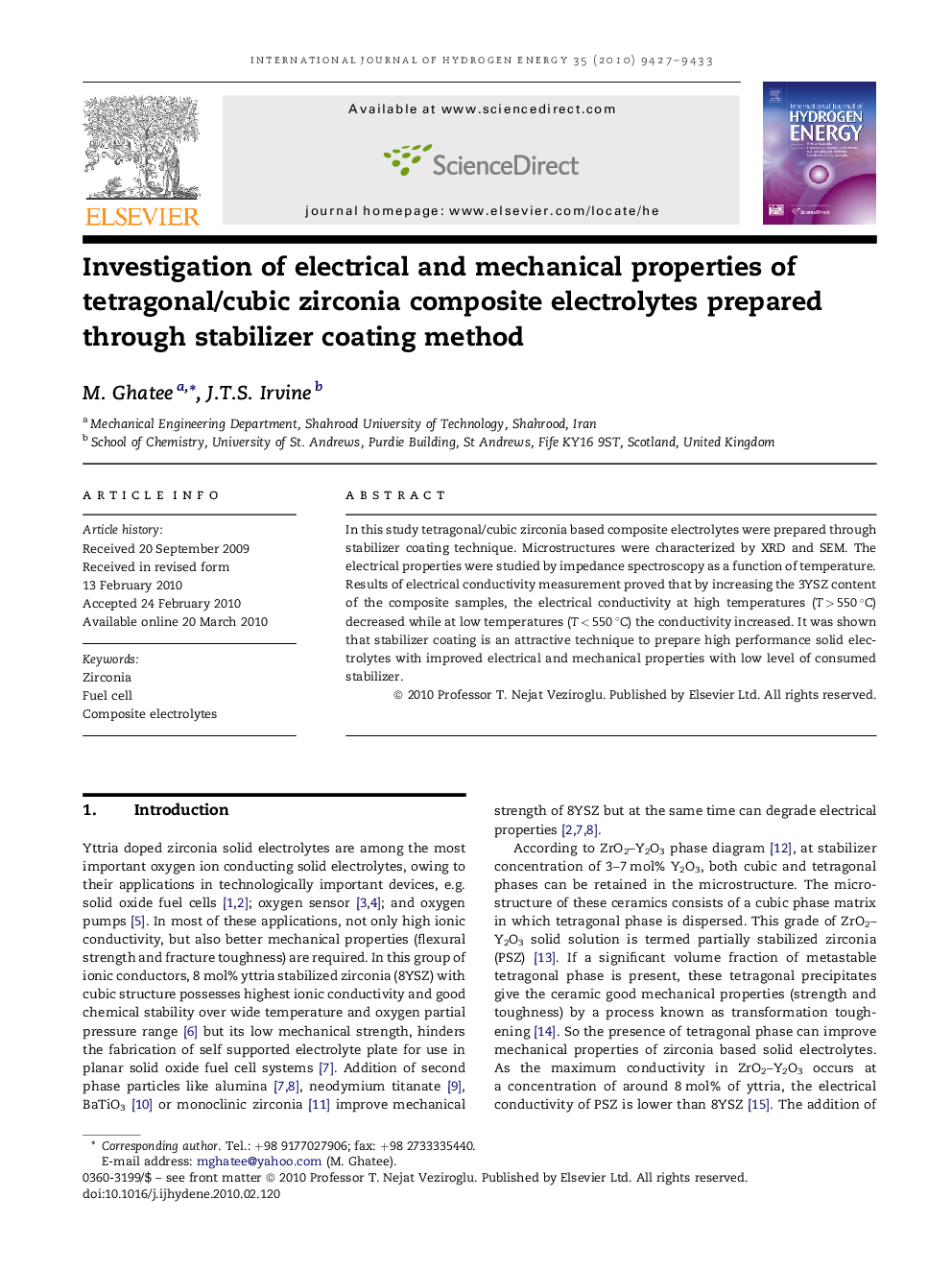 Investigation of electrical and mechanical properties of tetragonal/cubic zirconia composite electrolytes prepared through stabilizer coating method