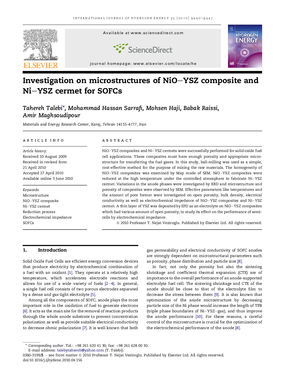 Investigation on microstructures of NiO–YSZ composite and Ni–YSZ cermet for SOFCs