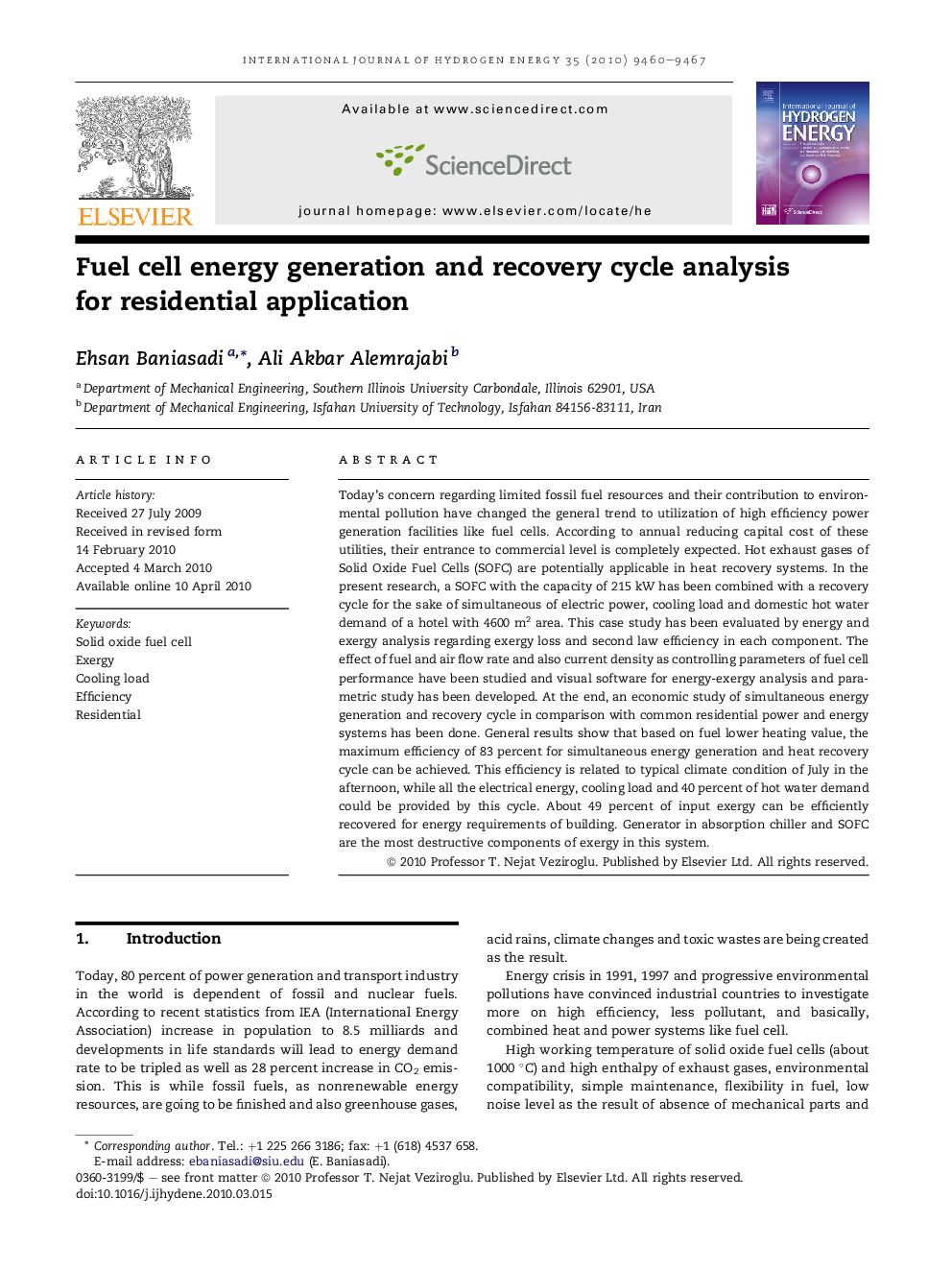 Fuel cell energy generation and recovery cycle analysis for residential application