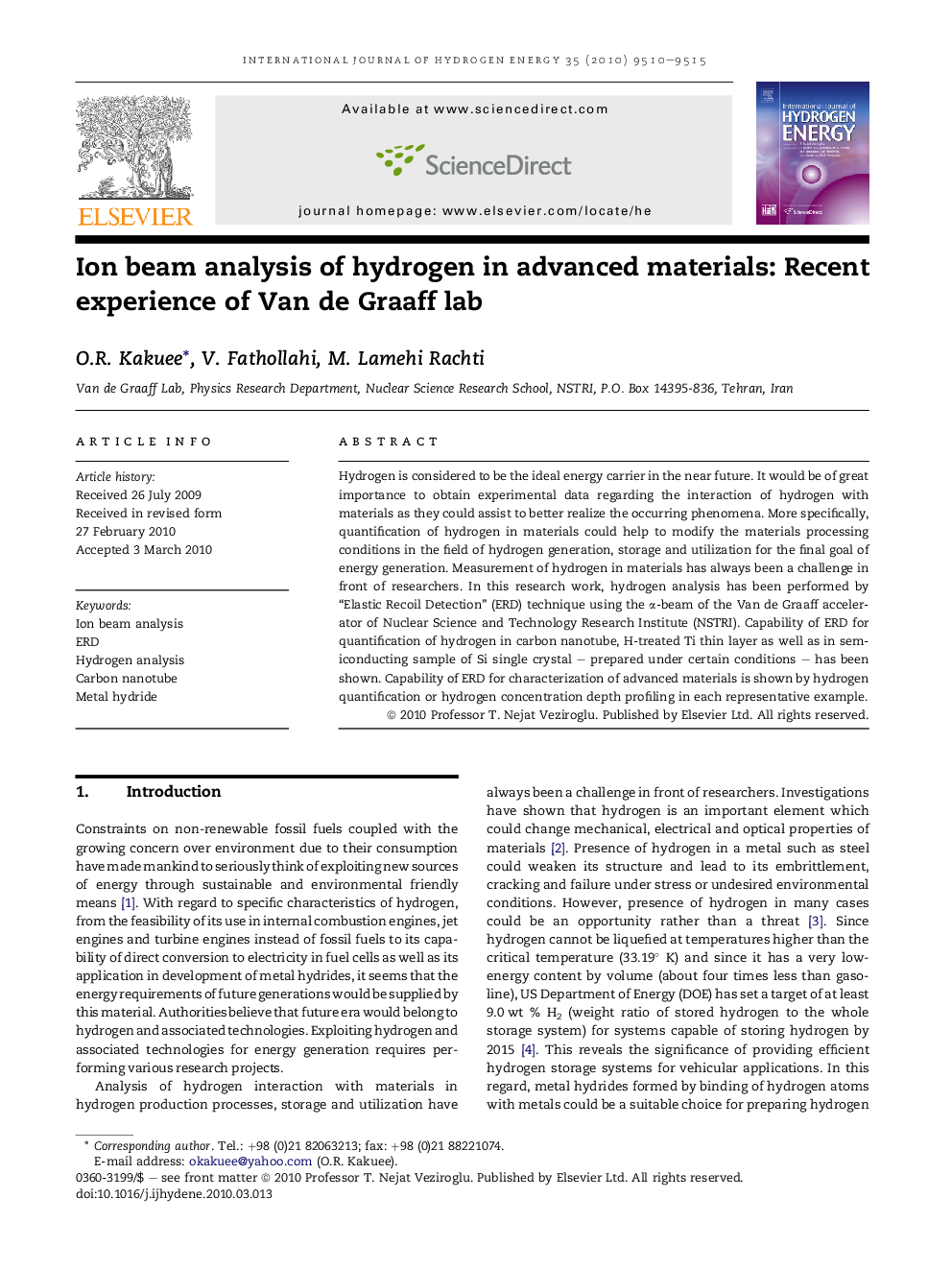 Ion beam analysis of hydrogen in advanced materials: Recent experience of Van de Graaff lab