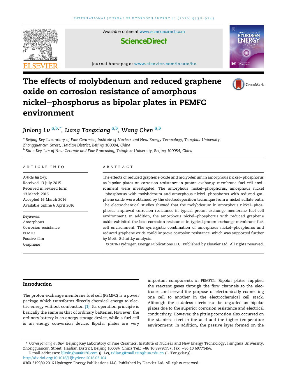 The effects of molybdenum and reduced graphene oxide on corrosion resistance of amorphous nickel–phosphorus as bipolar plates in PEMFC environment