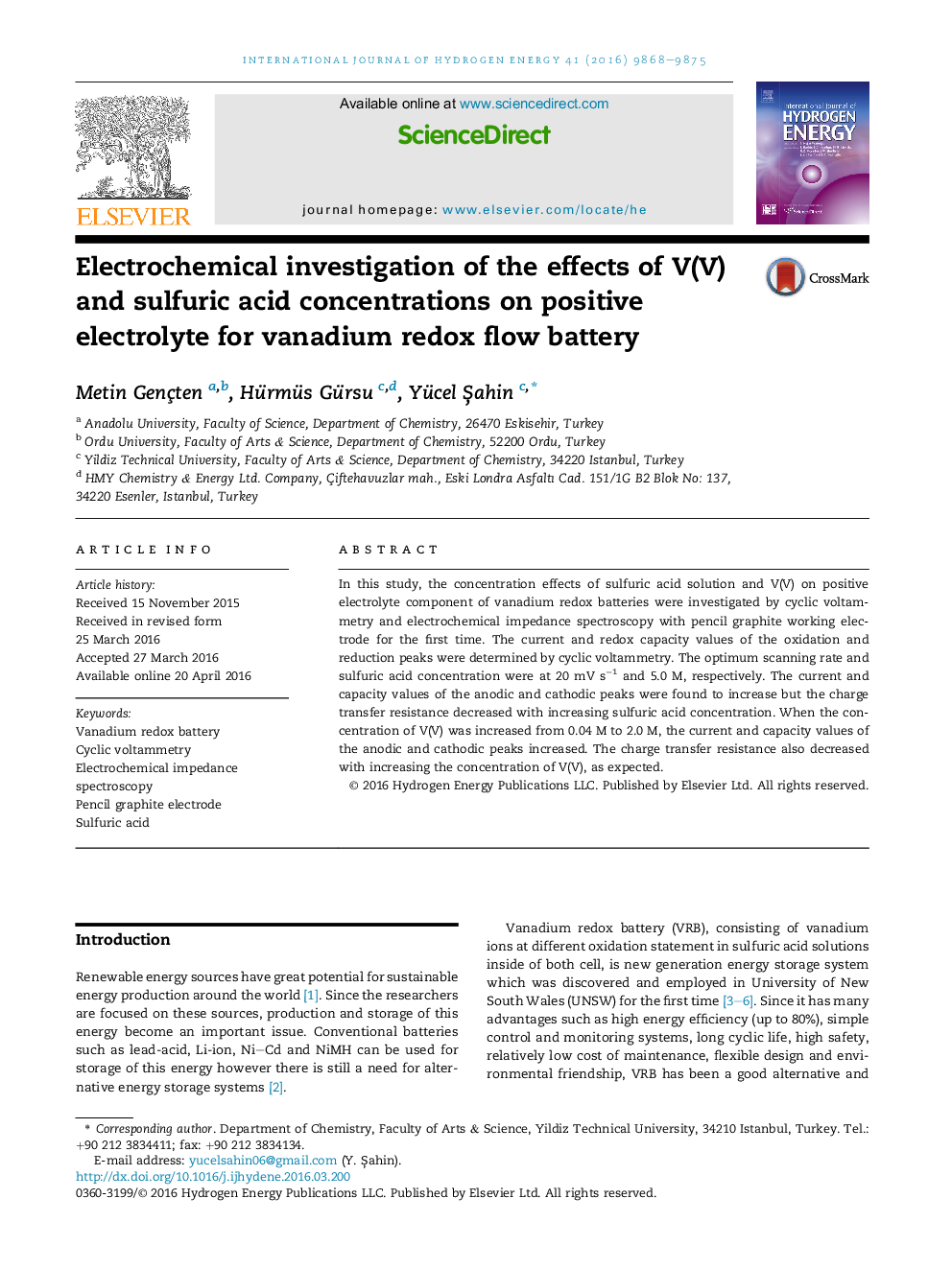 Electrochemical investigation of the effects of V(V) and sulfuric acid concentrations on positive electrolyte for vanadium redox flow battery