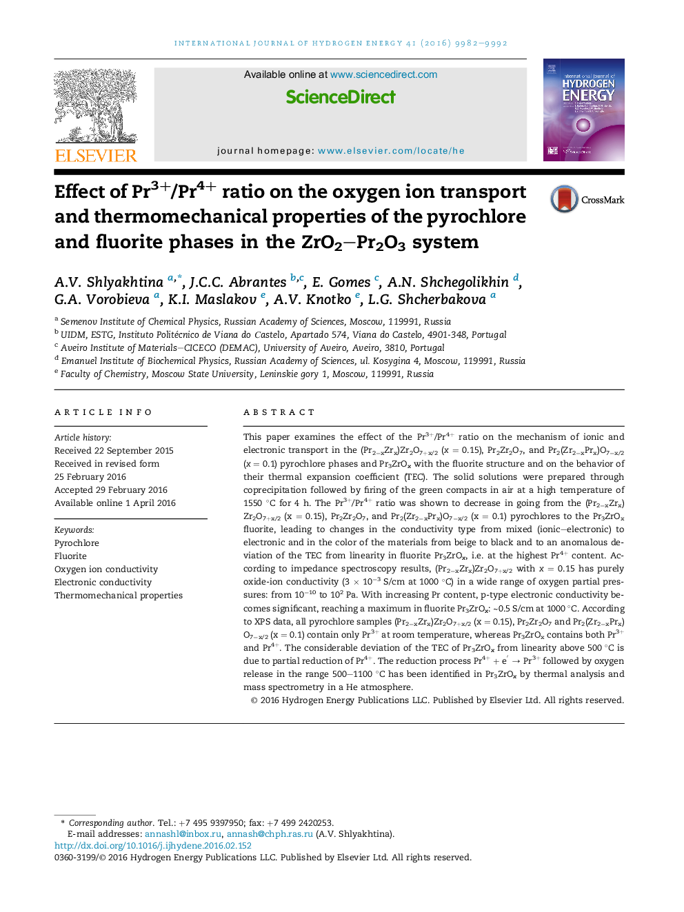 Effect of Pr3+/Pr4+ ratio on the oxygen ion transport and thermomechanical properties of the pyrochlore and fluorite phases in the ZrO2–Pr2O3 system