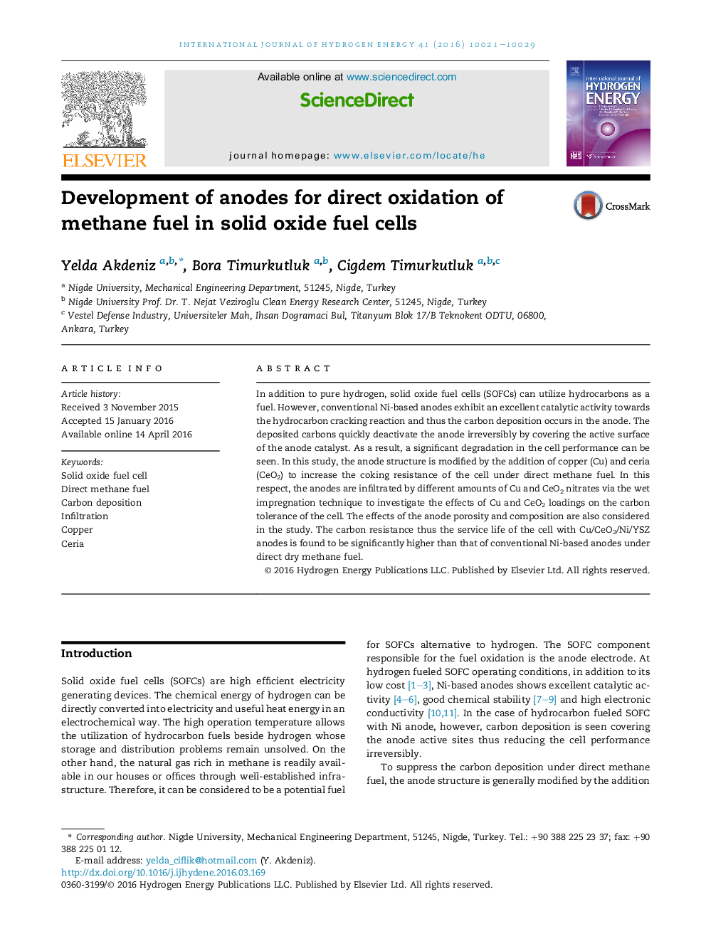 Development of anodes for direct oxidation of methane fuel in solid oxide fuel cells