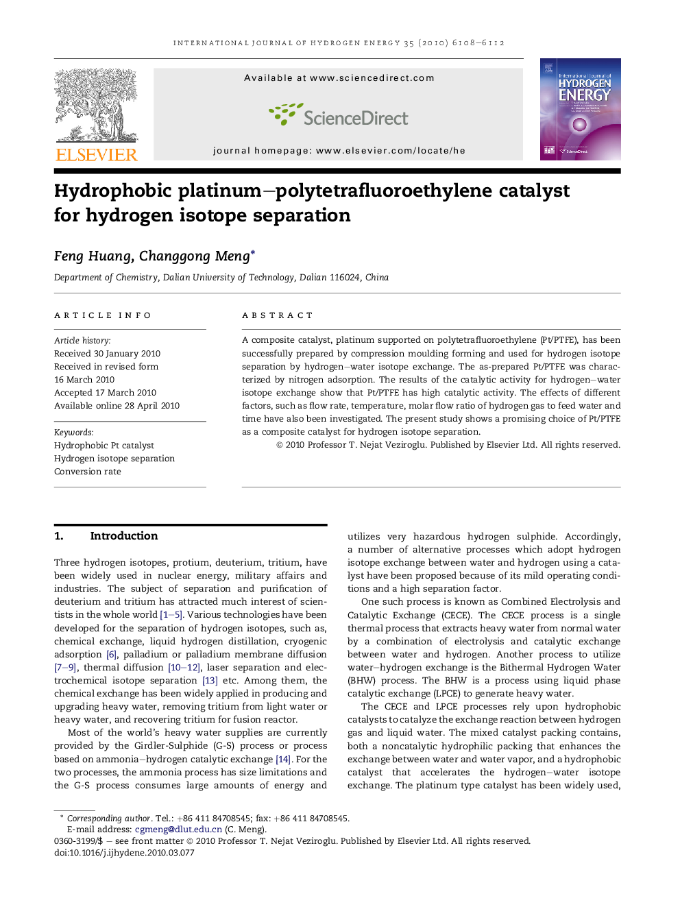 Hydrophobic platinum–polytetrafluoroethylene catalyst for hydrogen isotope separation