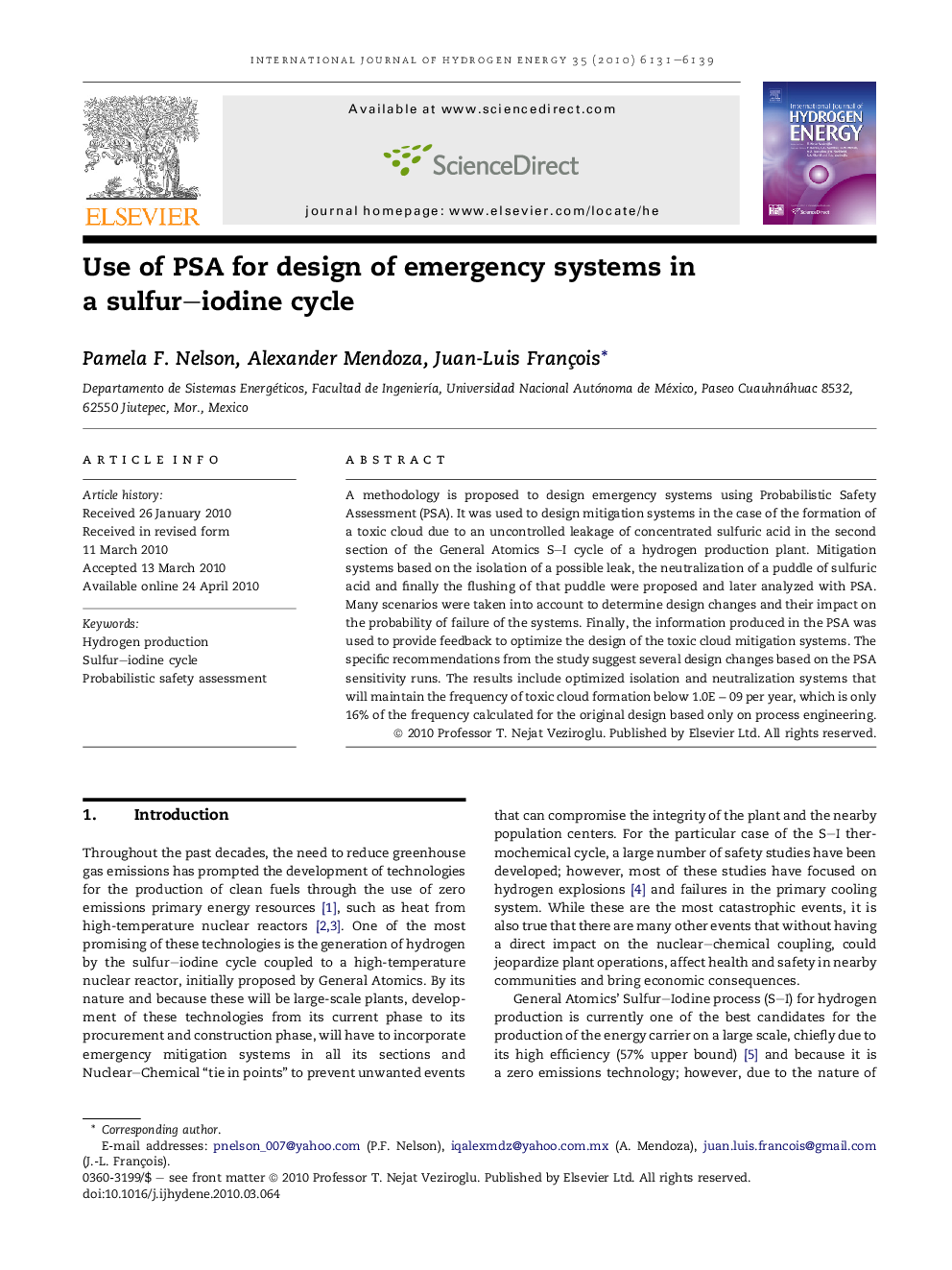 Use of PSA for design of emergency systems in a sulfur-iodine cycle